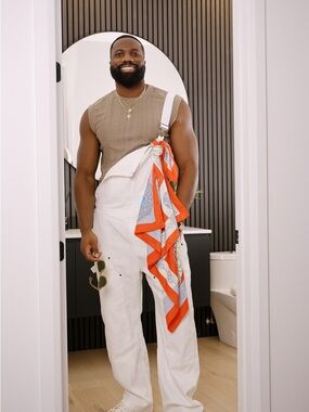 White Denim Overalls with Orange & Light Blue Scarf Accent